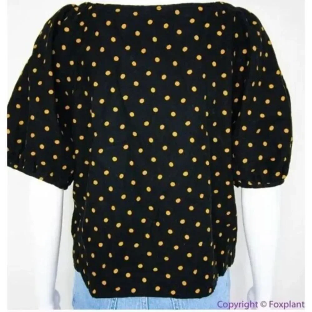 NWOT Madewell Corduroy Puff-Sleeve‎ Wrap Top in Oval Dot, 100% cotton, Black, M